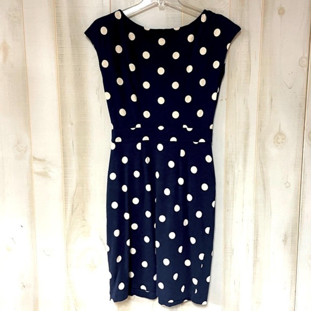 NWT Boden Navy Blue Beige Cotton Polka Dot Short Sleeve Pleated Skirt Dress Sz 2 - Picture 2 of 7